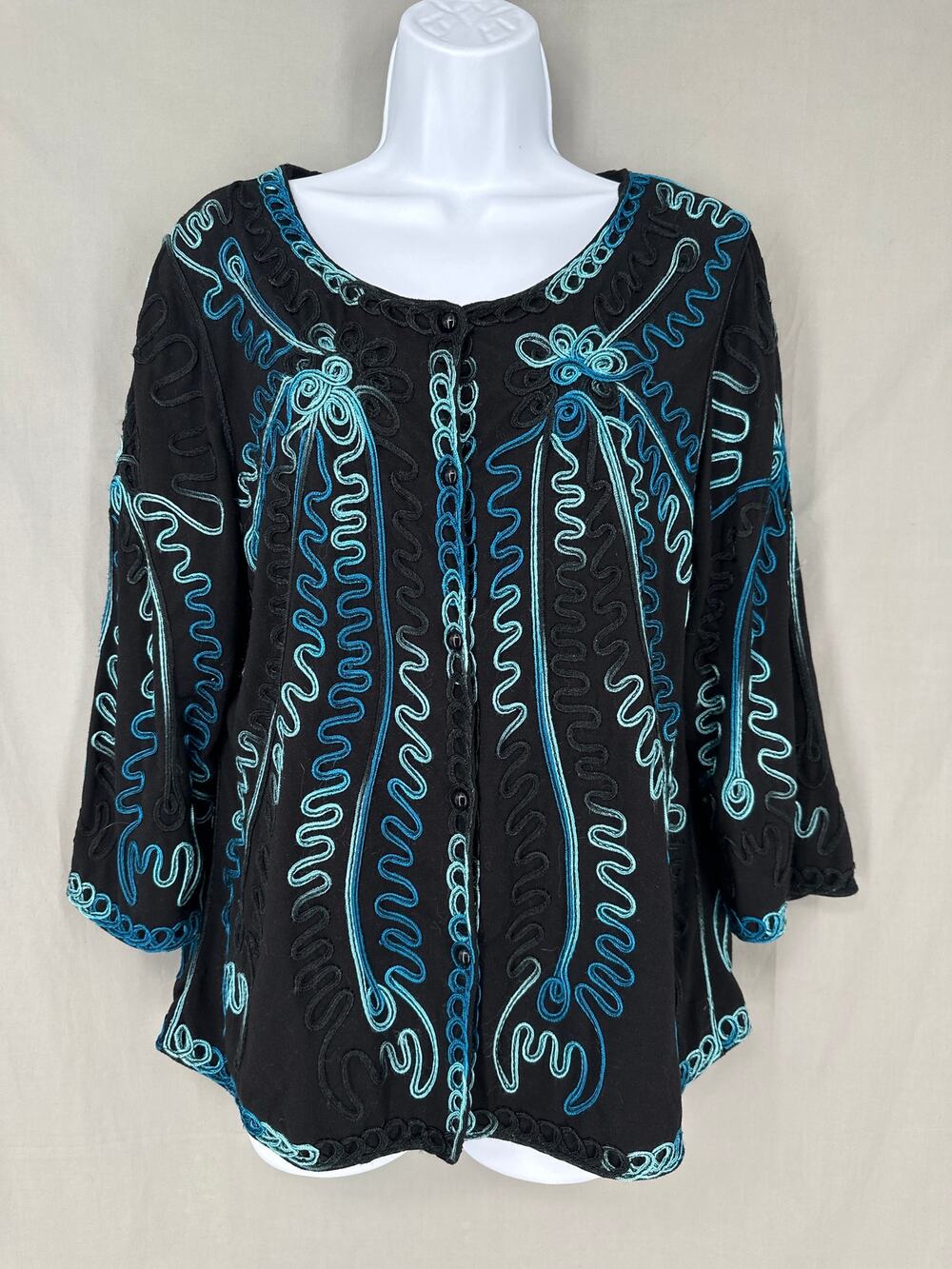 90s Vintage Jacket Medium Black Embroidered Cottage Western Boho Blue Bohemian